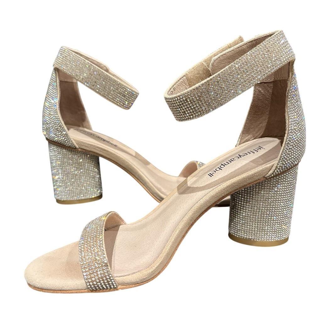 Jeffrey Campbell Laura-JS Sandals Womens 6 Tan Rhinestone Block Heel Ankle Strap